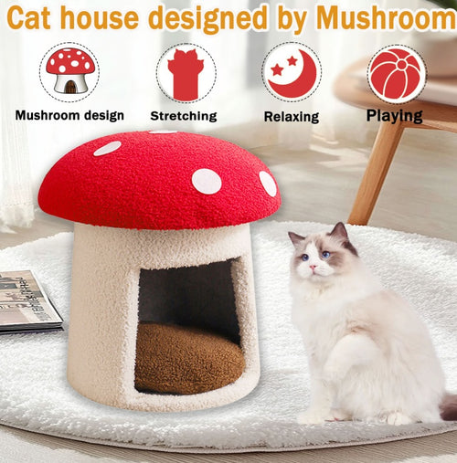 Adorable panier pour chat en forme de champignon rouge, lavable et durable